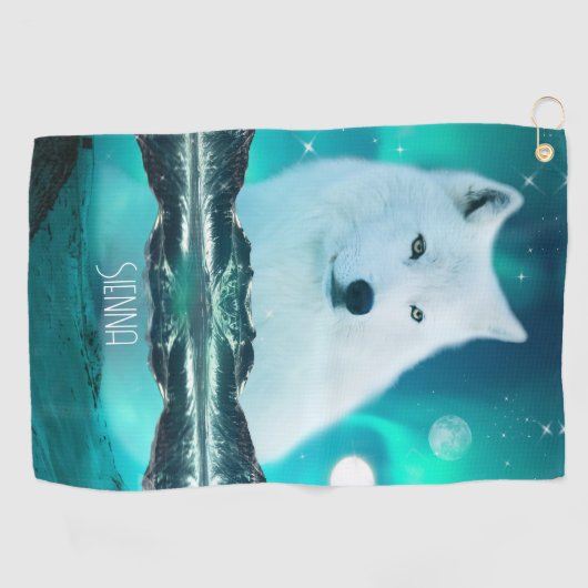 Arktischer Wolf und zauberhafte Nacht mit Nordlich Golfhandtuch (Horizontal)