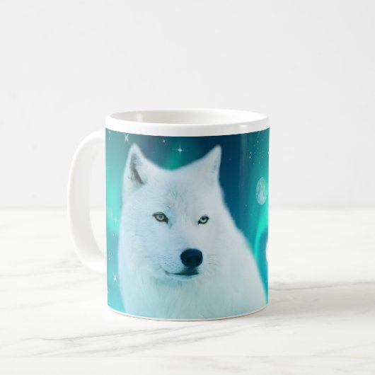 Arktischer Wolf und zauberhafte Nacht mit Nordlich Kaffeetasse (Vorderseite Links)