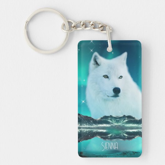 Arktischer Wolf und zauberhafte Nacht mit Nordlich Schlüsselanhänger (Vorderseite)
