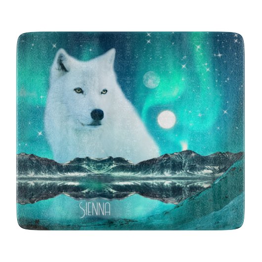Arktischer Wolf und zauberhafte Nacht mit Nordlich Schneidebrett (Vorderseite)