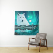 Arktischer Wolf und zauberhafte Nacht mit Nordlich Wandteppich (Beispiel)