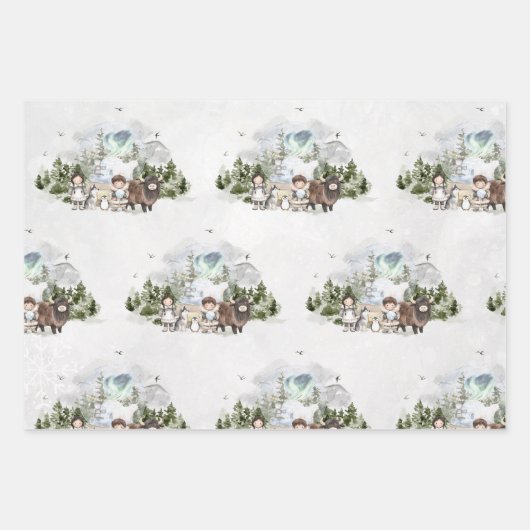 Arktisches Abenteuer im Nordlichtwald Geschenkpapier Set (Vorderseite)