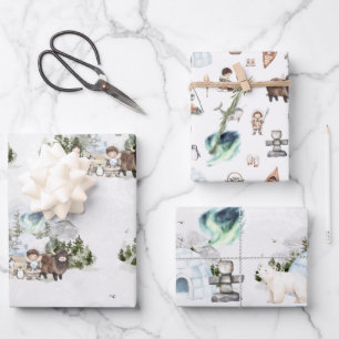 Arktisches Abenteuer Nördliches-Lichter-Wald Geschenkpapier Set