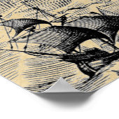 Arktisches Seemonster & Segelschiff Sepia Weltkart Poster (Ecke)