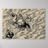 Arktisches Seemonster & Segelschiff Sepia Weltkart Poster (Vorne)