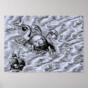 Arktisches Seemonster und Segelschiff Blaue Weltka Poster