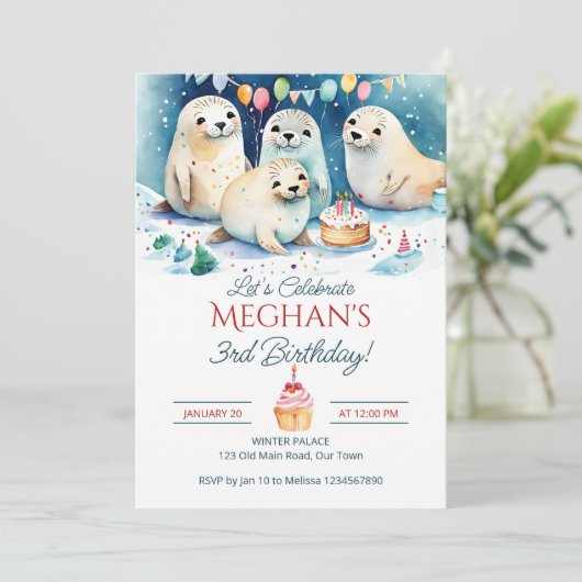 Arktisches Siegel Wintergeburtstag bearbeitbare Vo Einladung (Stehend Vorderseite)