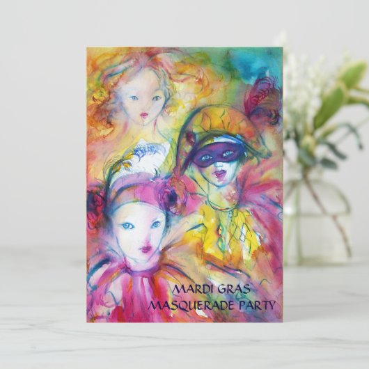 ARLECCHINO PIERO UND COLOMBINA MASQUERADE PARTY EINLADUNG (Stehend Vorderseite)