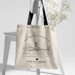 Arlington Wedding | Stilisierte Skyline Tote Bag Tragetasche<br><div class="desc">Eine einzigartige Hochzeitstasche für eine Hochzeit in der schönen Stadt Arlington,  Texas. In dieser Tasche wird die einzigartige Skyline der Stadt mit ihrem Namen darunter stilvoll dargestellt. Anschließend erhalten Sie Informationen zu Ihrem Hochzeitstag in einem passenden,  offenen Stil.</div>