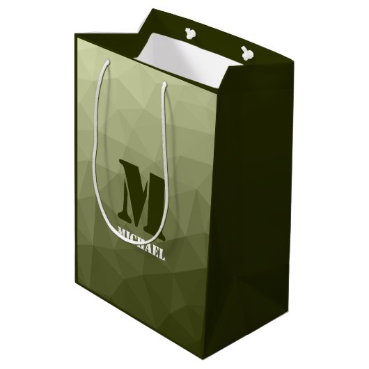 Armatur grünes geometrisches Maschenmuster Monogra Mittlere Geschenktüte (Rückseite Schrägansicht)