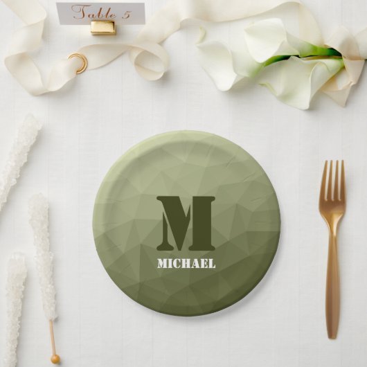 Armee hellgrün geometrisches Maschenmuster Monogra Pappteller (Hochzeit)