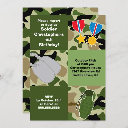 Armee-Tarnungs-Soldat-Kindergeburtstag-Party Einladung (Vorne/Hinten)