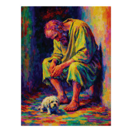 Armer alter Mann mit kleinem Hund Herz erwärmend Poster