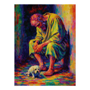 Armer alter Mann mit kleinem Hund Herz erwärmend Poster