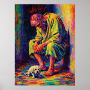 Armer alter Mann mit kleinem Hund rührend Poster