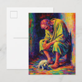 Armer alter Mann mit kleinem Hund rührend Postkarte
