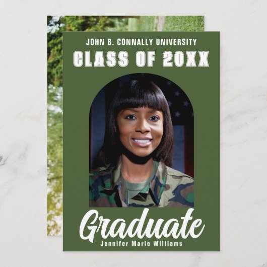 Army Green Graduate Foto Modern Arch Abschluss Ankündigung (Vorne/Hinten)