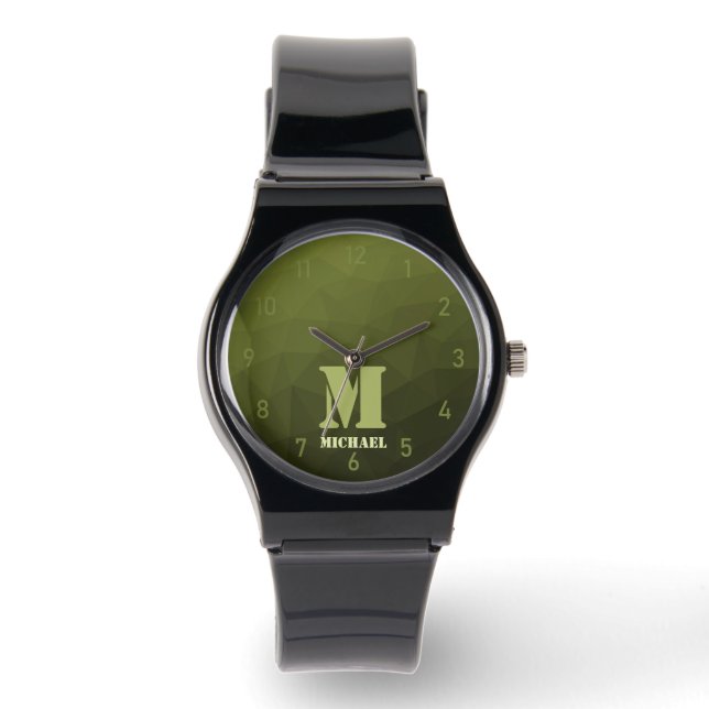 Army Green Oliven geometric mesh muster Monogram Armbanduhr (Vorderseite)