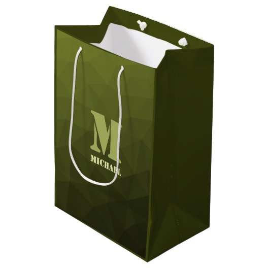 Army Green Oliven geometric mesh muster Monogram Mittlere Geschenktüte (Vorderseite Schrägansicht)