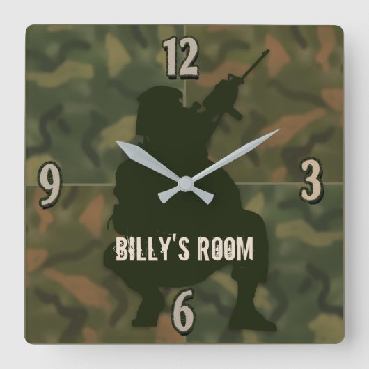 Army Kid's Clock - Camo and soldier-Personalize Quadratische Wanduhr (Vorderseite)