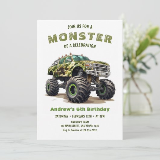 Army Monster Truck Boy Birthday Einladung (Stehend Vorderseite)