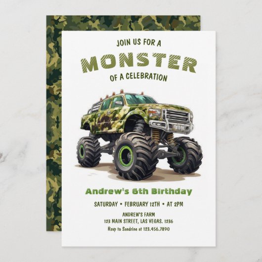 Army Monster Truck Boy Birthday Einladung (Vorne/Hinten)