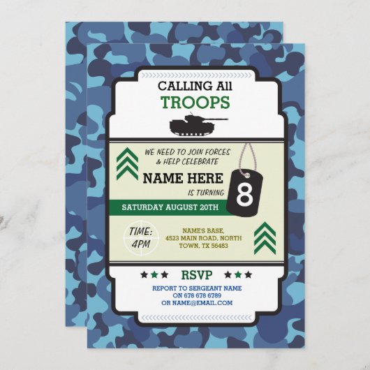 ARMY SOLDIER TROOPS TANK GUN INVITE BIRTHDAY PARTY EINLADUNG (Vorne/Hinten)