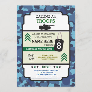 ARMY SOLDIER TROOPS TANK GUN INVITE BIRTHDAY PARTY EINLADUNG
