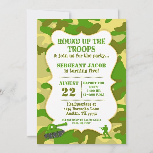 Army Toy Soldier Birthday Invitation Camouflage Einladung (Vorderseite)
