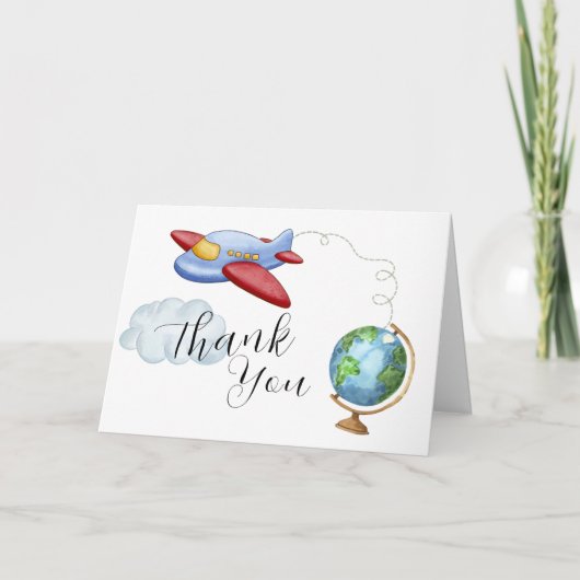 Around The World Map Airplane Boy Baby Shower Dankeskarte (Vorderseite)