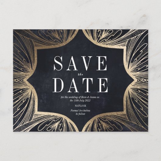 Art Art Nouveau Holzkohle und Gold Save the Date Postkarte (Vorderseite)