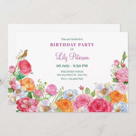 Art Blume Rose Geburtstag Einladung (Vorne/Hinten)