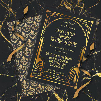 Art Deco 16 . Geburtstag Geburtstagsparty Gold & B Einladung