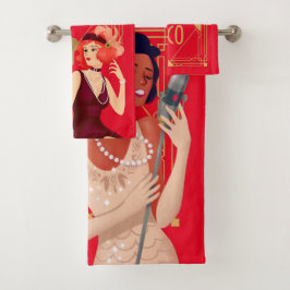 Art Deco 1920er Glam Ladys Gold Red Badhandtuch Set