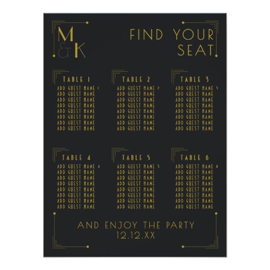 Art Déco 1920er Hochzeit 6 Tischübersicht Poster (Vorderseite)