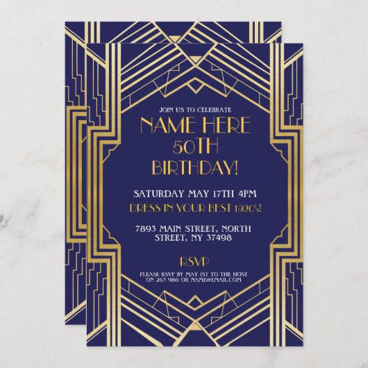 Art Deco 1920er Jahre lädt Gatsby Gold Pary ein Einladung (Vorne/Hinten)