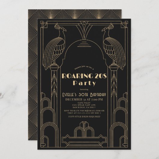 Art Deco 1920er Jahre Pfauenroaring 20er Geburtsta Einladung (Vorne/Hinten)