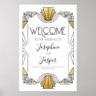 Art Deco 1920er Jahre Weiß und Gold Willkommenssch Poster