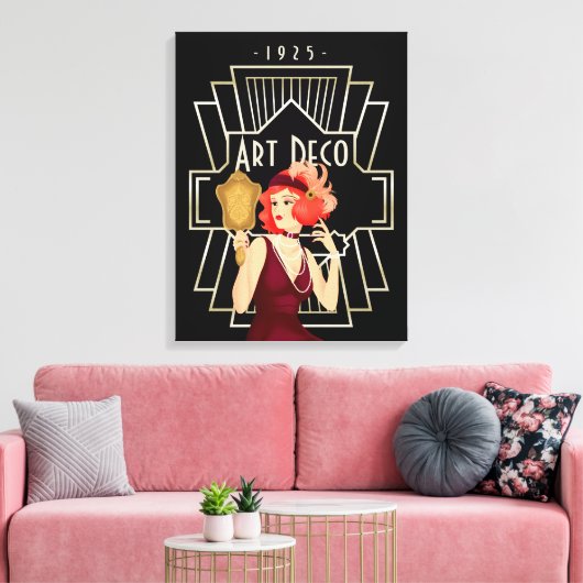 Art Deco 1920er Lady Mirror Gold Frame Black Leinwanddruck (Insitu (Wohnzimmer))