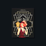 Art Deco 1920er Lady Mirror Gold Frame Black Leinwanddruck<br><div class="desc">Vintage Art-Deco-Eleganz mit dieser glamourösen Dame aus den 20er Jahren in einem bordeauxfarbenen Kleid,  das in einem Spiegel und einem goldenen Rahmen im zwanziger Jahre und Typografie aussieht Art Deco und 1925.</div>
