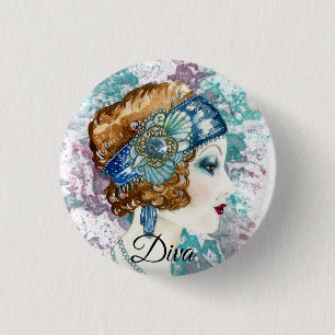 Art Deco 20 Mode Diva Wasserfarben Kunst Button
