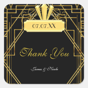 Art Deco 20er Gold & Schwarz Gatsby Favor Aufklebe Quadratischer Aufkleber