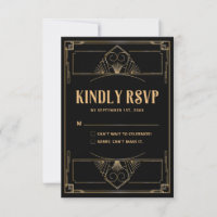 Art Deco 20s Elegante Black Gold Wedding RSVP Kart