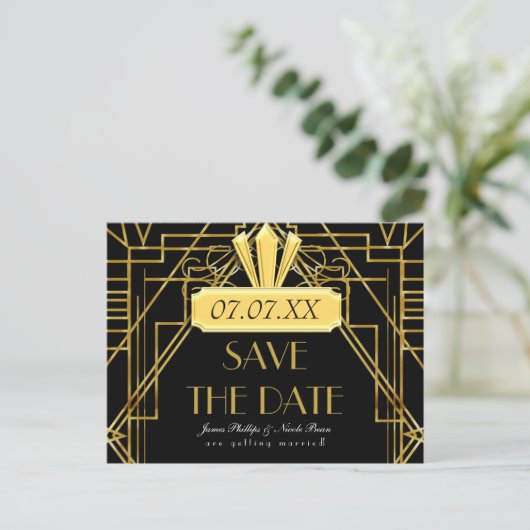 Art Deco 20's Gold & Black Gatsby Event Postkarte (Stehend Vorderseite)