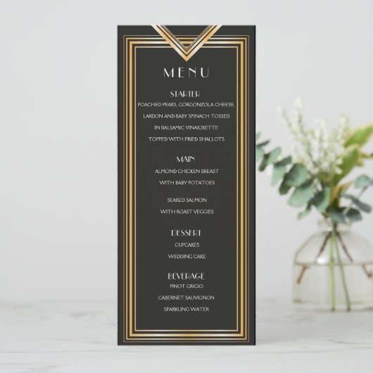 Art Deco 20s Menu Card | Gatsby-inspiriert Party Menükarte (Stehend Vorderseite)