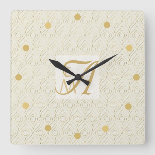 Art Deco 3 Initial Monogram Gold Cream Pattern Squ Quadratische Wanduhr (Vorderseite)
