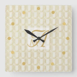 Art Deco 3 Letter Monogram Gold Cream Muster Squ Quadratische Wanduhr