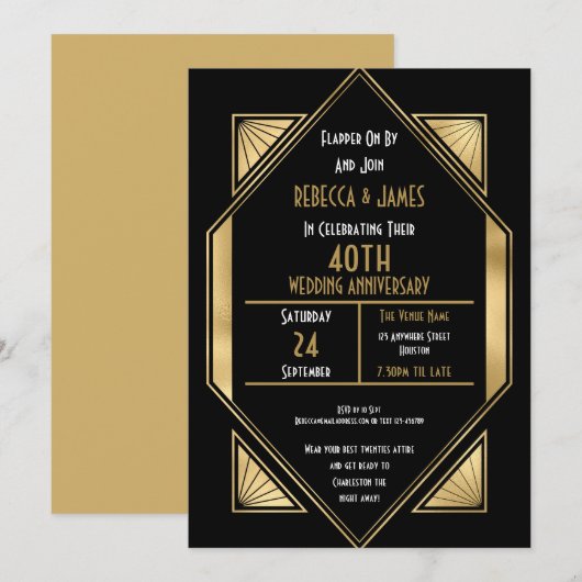 Art Deco 40 Jahre Rubinhochzeit Einladung (Vorne/Hinten)