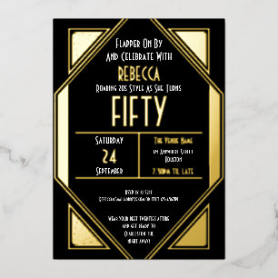 Art Deco 50. Geburtstag Schwarz Gold Echt Folieneinladung