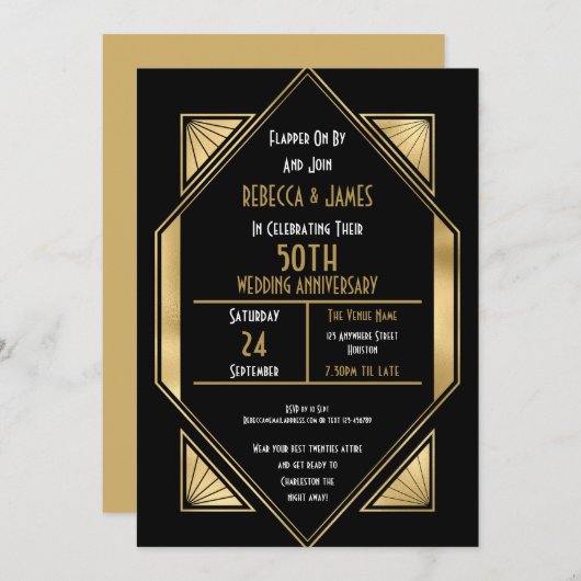 Art Déco 50 Jahre Goldenes Hochzeitstag Einladung (Vorne/Hinten)